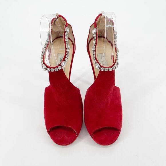Jimmy Choo Farah Red Suede Crystal Trim Peep Toe Platform Sandal Heel IT 38.5 - Picture 6 of 14